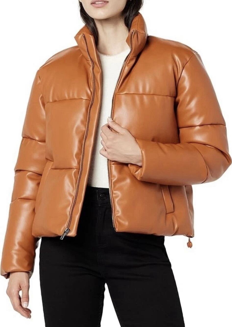 The Drop Women's Tan Cognac Vegan Leather Cropped Puffer Jacket Zipper Large NWT